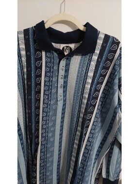 Chill Men's Medium Long Sleeve Cotton Polo Shirt Blue Patterned